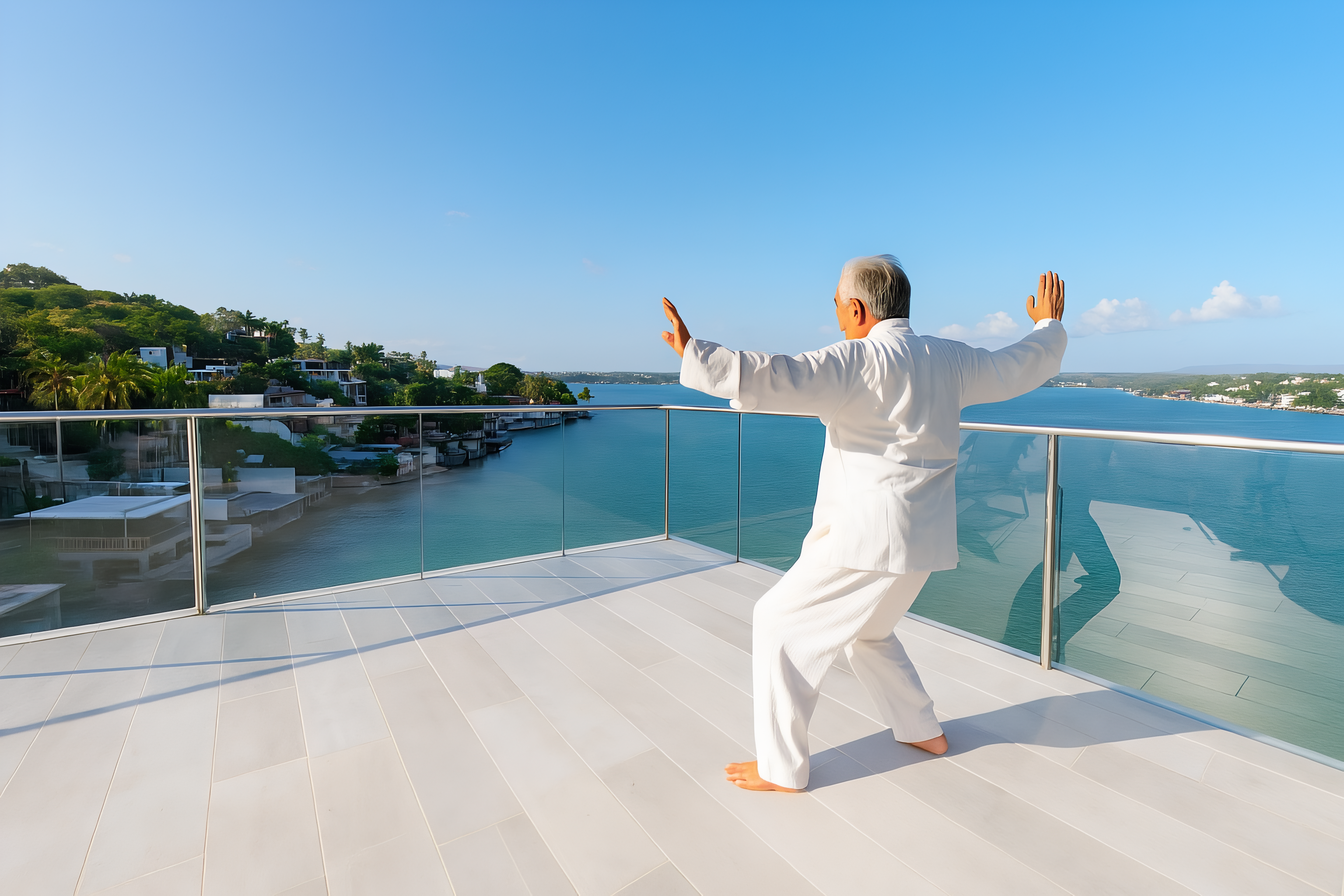Persona practicando tai chi en terraza con vista panorámica al lago al amanecer